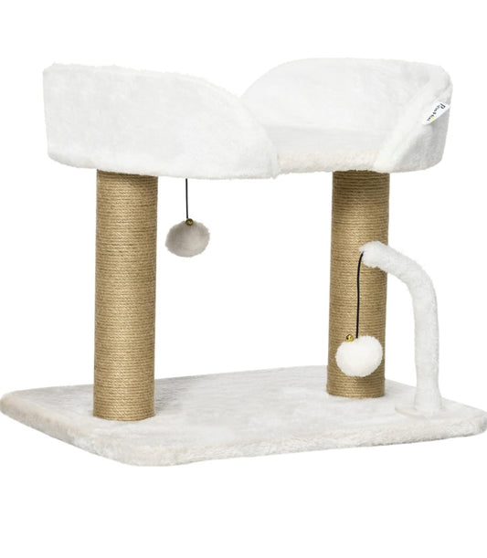 PawHut Arbre à Chat grattoir Design avec Jeu 2 Pompons Suspendus 2 poteaux sisal + Plateforme Peluche - 48 x 38 x 42 cm - sisal Beige