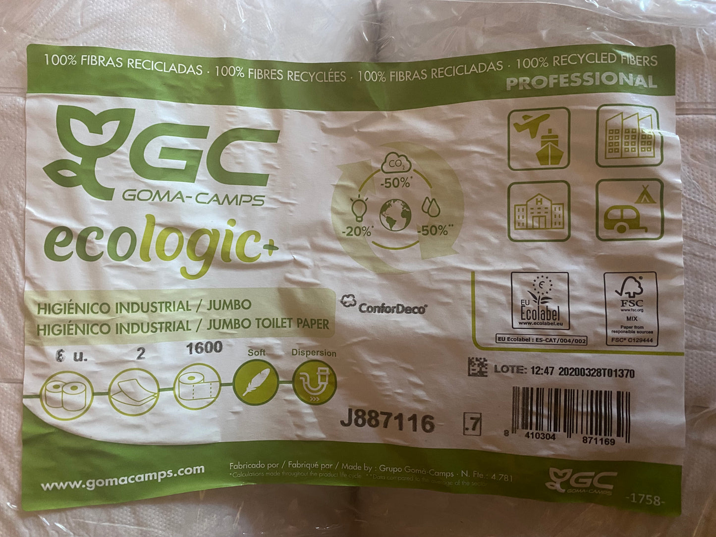 GOMA CAMPS ECOLOGIC+ Maxi Jumbo Papier hygiénique recyclé Ecolabel 2 Plis Blanc - 320 m (1600 formats) Lot de 6